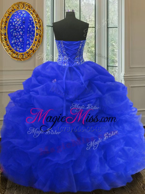 wholesale excellent royal blue organza lace up sweet 16 dress sleeveless floor length beading and ruffles and pick ups