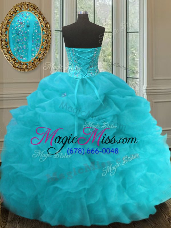 wholesale romantic aqua blue sleeveless beading and ruffles and pick ups floor length sweet 16 quinceanera dress