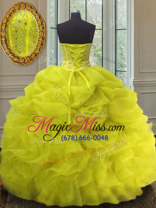 wholesale best selling pick ups sweetheart sleeveless lace up quince ball gowns yellow organza