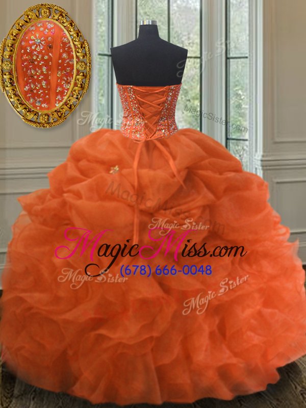 wholesale custom designed organza sweetheart sleeveless lace up beading and ruffles and pick ups vestidos de quinceanera in orange red