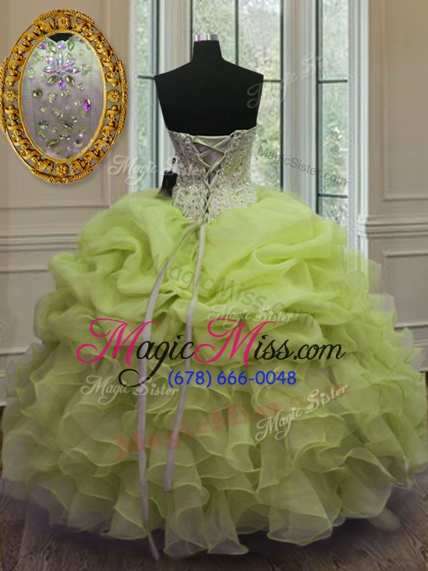 wholesale super sleeveless floor length beading and pick ups lace up ball gown prom dress with yellow green
