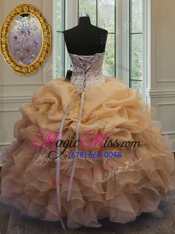 wholesale fantastic gold sleeveless floor length beading and pick ups lace up vestidos de quinceanera