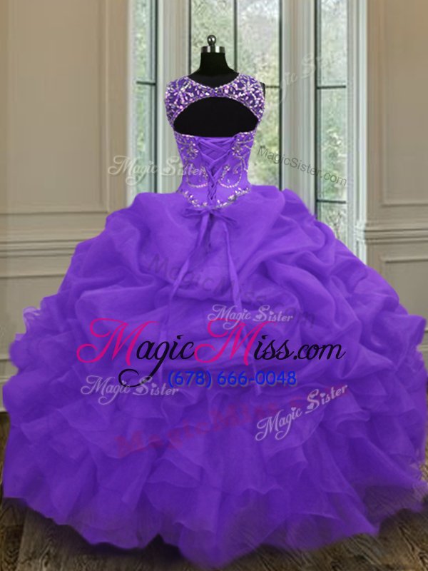 wholesale eye-catching scoop sleeveless floor length beading and pick ups lace up vestidos de quinceanera with eggplant purple
