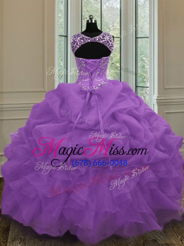wholesale modest scoop pick ups floor length ball gowns sleeveless purple 15th birthday dress lace up
