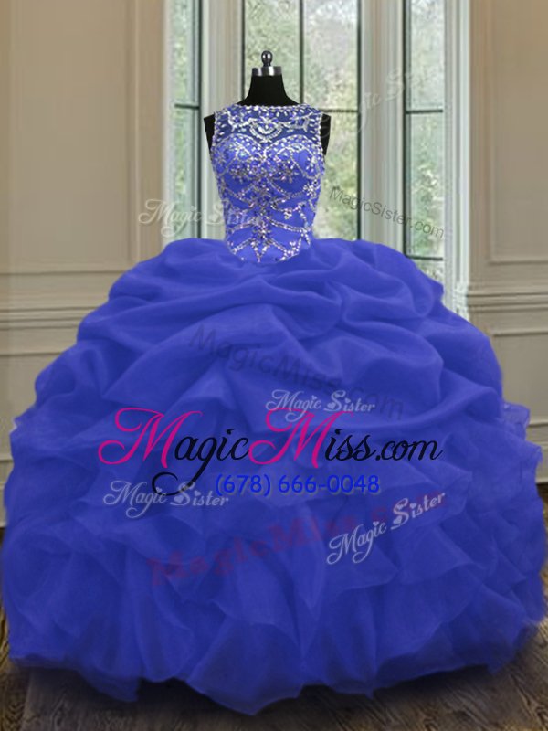 wholesale noble blue ball gowns scoop sleeveless organza floor length lace up beading and pick ups quinceanera gown