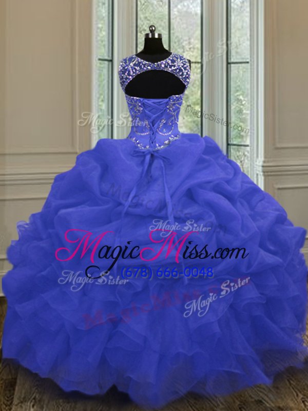 wholesale noble blue ball gowns scoop sleeveless organza floor length lace up beading and pick ups quinceanera gown