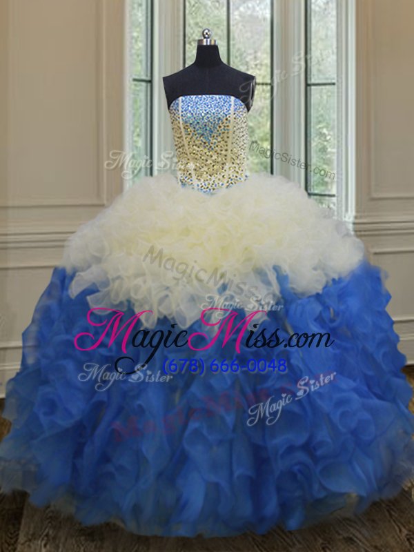 wholesale suitable blue and white ball gowns beading and ruffles sweet 16 quinceanera dress lace up organza sleeveless floor length