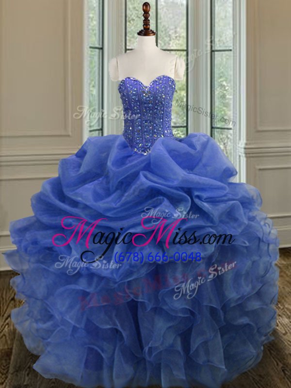 wholesale traditional beading and ruffles quinceanera gowns blue lace up sleeveless floor length