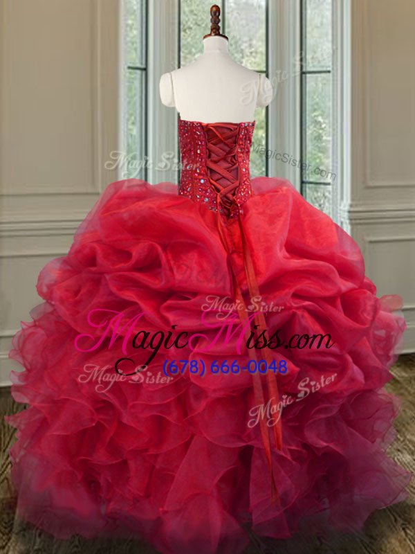 wholesale luxury coral red sleeveless beading and ruffles floor length quinceanera dresses