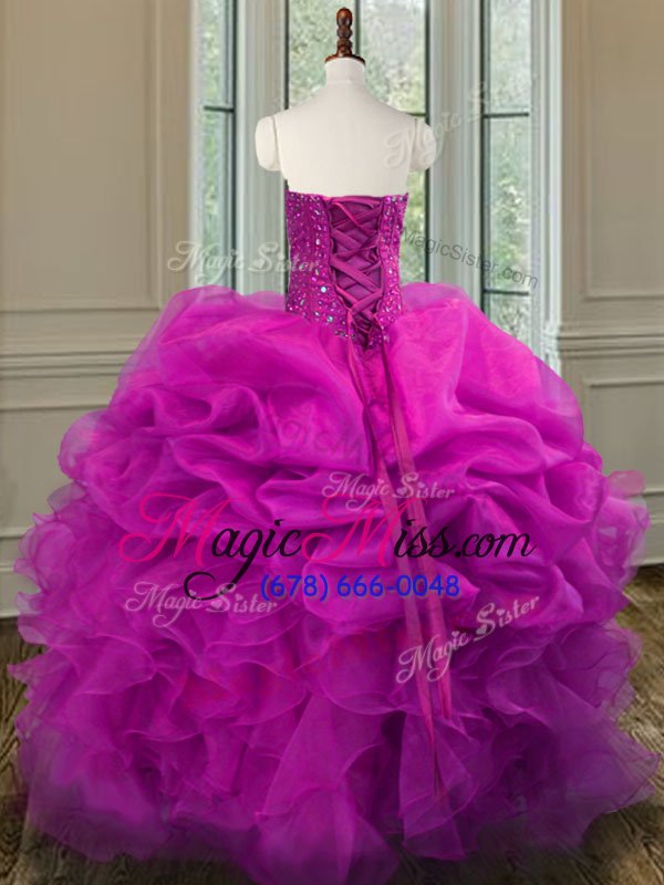 wholesale graceful fuchsia ball gowns sweetheart sleeveless organza floor length lace up beading and ruffles sweet 16 dress