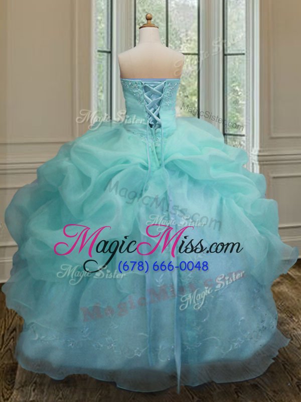 wholesale trendy aqua blue sleeveless embroidery and pick ups floor length quince ball gowns