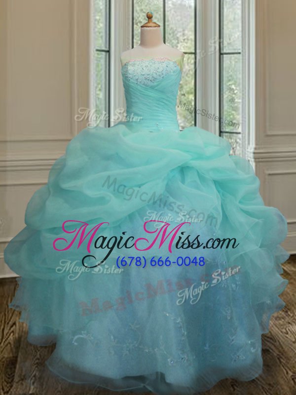 wholesale trendy aqua blue sleeveless embroidery and pick ups floor length quince ball gowns