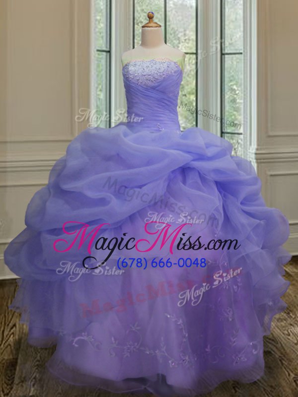 wholesale low price lavender ball gowns organza strapless sleeveless embroidery and pick ups floor length lace up 15 quinceanera dress
