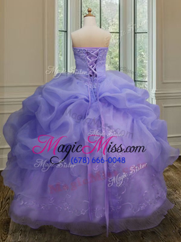 wholesale low price lavender ball gowns organza strapless sleeveless embroidery and pick ups floor length lace up 15 quinceanera dress
