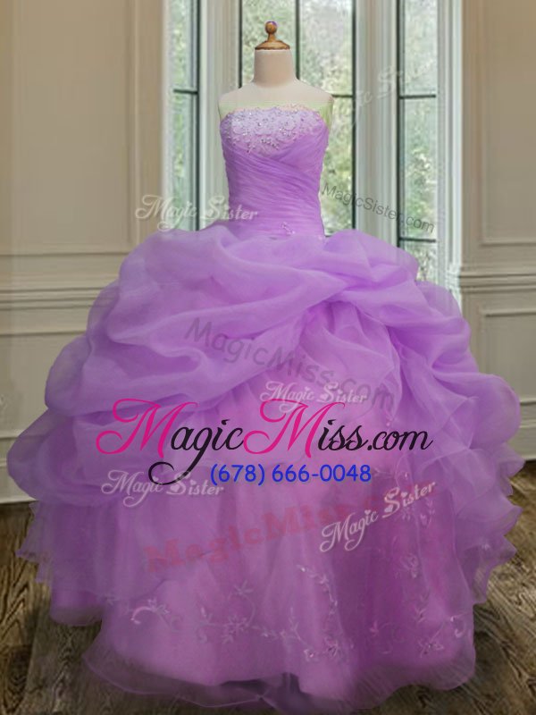 wholesale customized pick ups floor length lilac quinceanera dresses strapless sleeveless lace up
