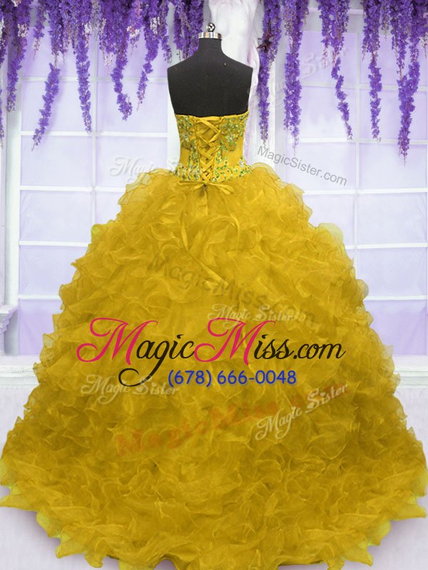 wholesale exquisite gold sleeveless organza brush train lace up quinceanera gown for military ball and sweet 16 and quinceanera