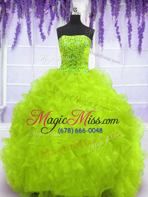 wholesale chic with train yellow green sweet 16 quinceanera dress organza brush train sleeveless beading and appliques and ruffles