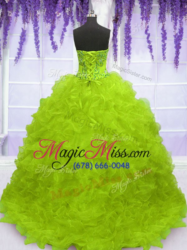 wholesale chic with train yellow green sweet 16 quinceanera dress organza brush train sleeveless beading and appliques and ruffles