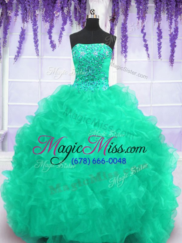 wholesale beauteous turquoise strapless neckline beading and appliques and ruffles sweet 16 dress sleeveless lace up