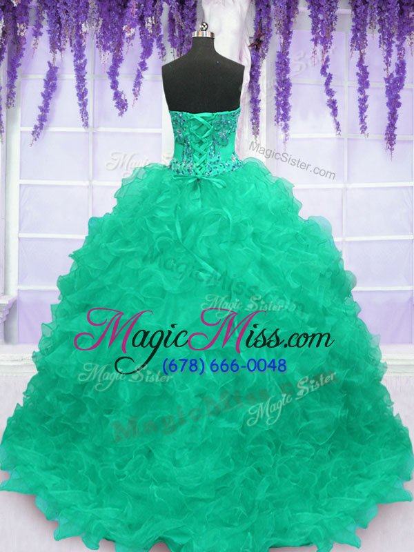 wholesale beauteous turquoise strapless neckline beading and appliques and ruffles sweet 16 dress sleeveless lace up