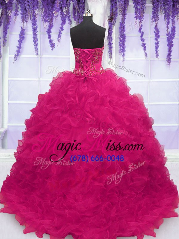 wholesale new style strapless sleeveless sweet 16 dress with brush train beading and ruffles fuchsia organza