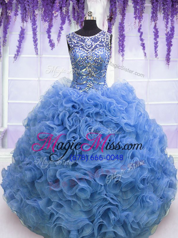 wholesale smart scoop baby blue sleeveless floor length beading and ruffles lace up sweet 16 dress