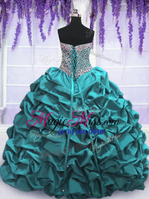 wholesale traditional teal sleeveless floor length beading and sequins and pick ups lace up sweet 16 dress