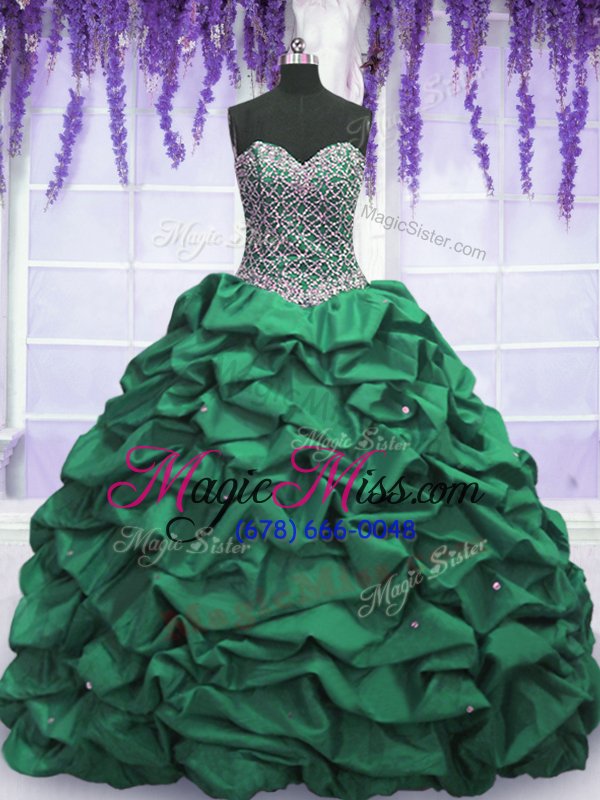 wholesale hot selling dark green ball gowns taffeta sweetheart sleeveless beading and sequins and pick ups floor length lace up sweet 16 quinceanera dress