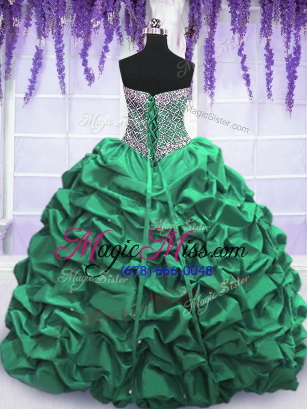 wholesale hot selling dark green ball gowns taffeta sweetheart sleeveless beading and sequins and pick ups floor length lace up sweet 16 quinceanera dress