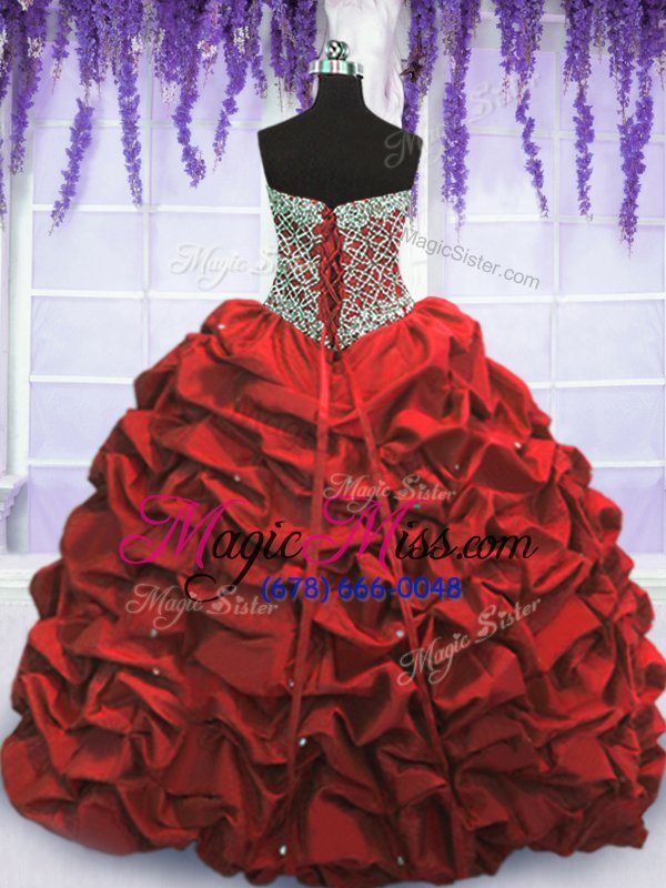wholesale wine red ball gowns beading and sequins and pick ups quince ball gowns lace up taffeta sleeveless floor length