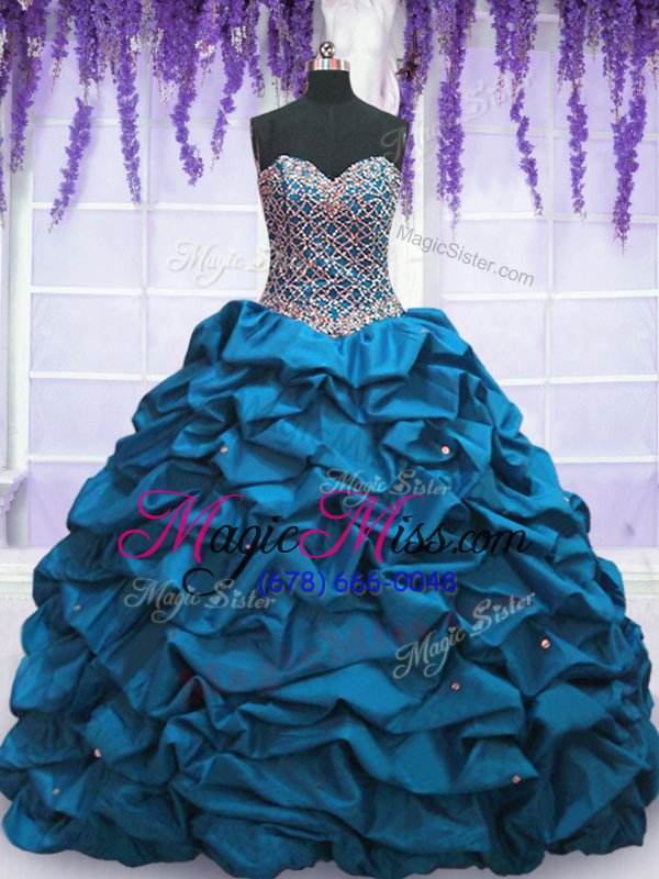 wholesale affordable sequins pick ups floor length blue ball gown prom dress sweetheart sleeveless lace up