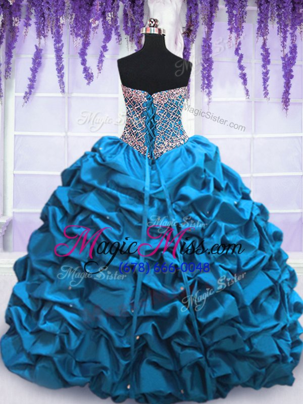 wholesale affordable sequins pick ups floor length blue ball gown prom dress sweetheart sleeveless lace up