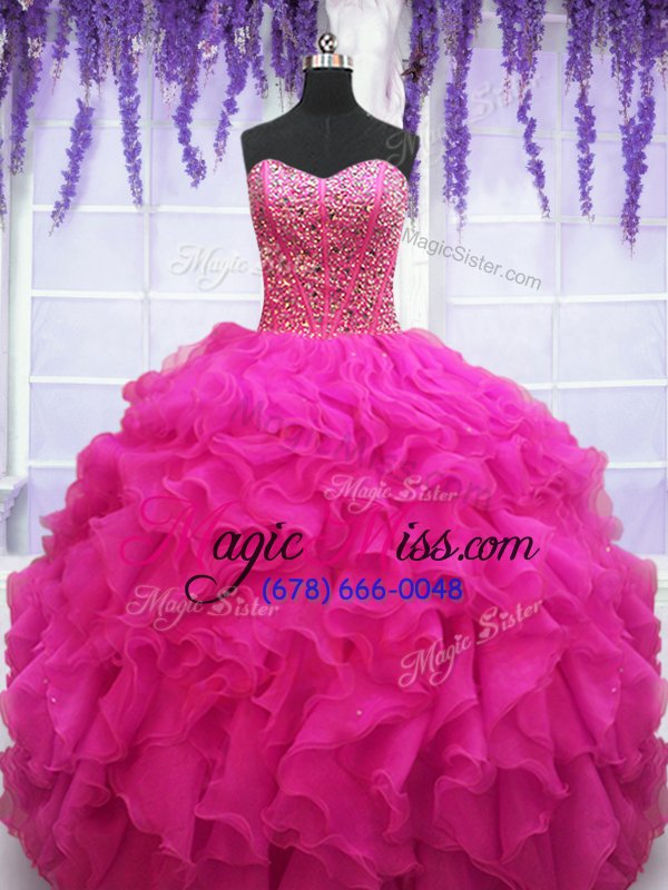 wholesale sexy ball gowns quince ball gowns fuchsia sweetheart organza sleeveless floor length lace up