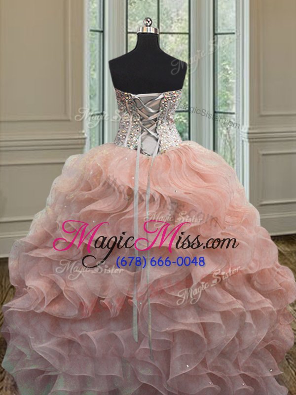 wholesale cute beading and ruffles quince ball gowns peach lace up sleeveless floor length