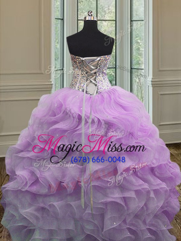 wholesale fashion floor length lilac 15th birthday dress organza sleeveless beading and ruffles