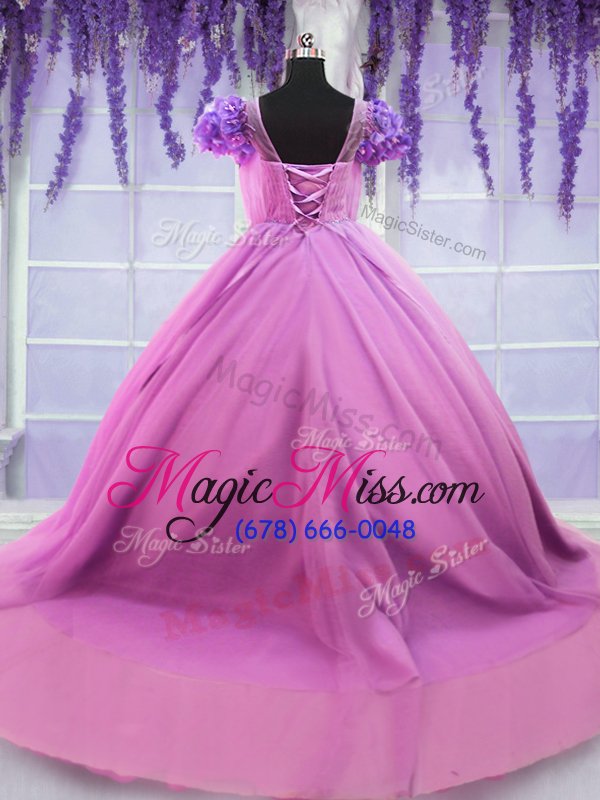 wholesale clearance scoop tulle short sleeves floor length quince ball gowns and hand made flower