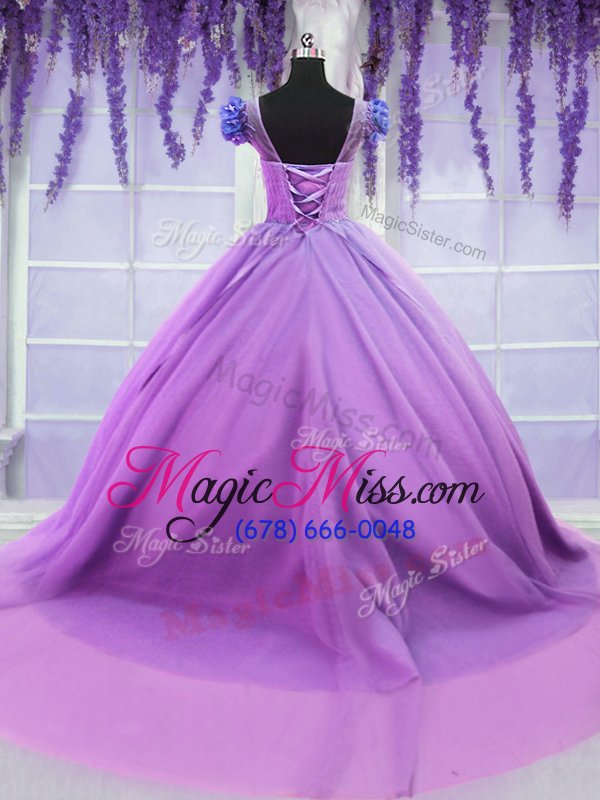 wholesale fashion lilac lace up scoop hand made flower ball gown prom dress tulle short sleeves
