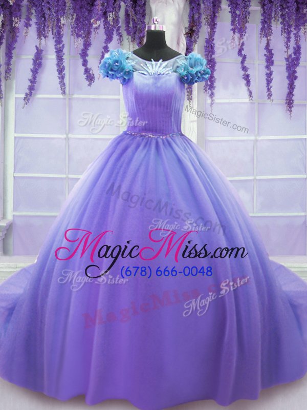 wholesale latest court train ball gowns 15th birthday dress lavender scoop tulle short sleeves lace up