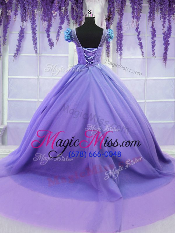 wholesale latest court train ball gowns 15th birthday dress lavender scoop tulle short sleeves lace up