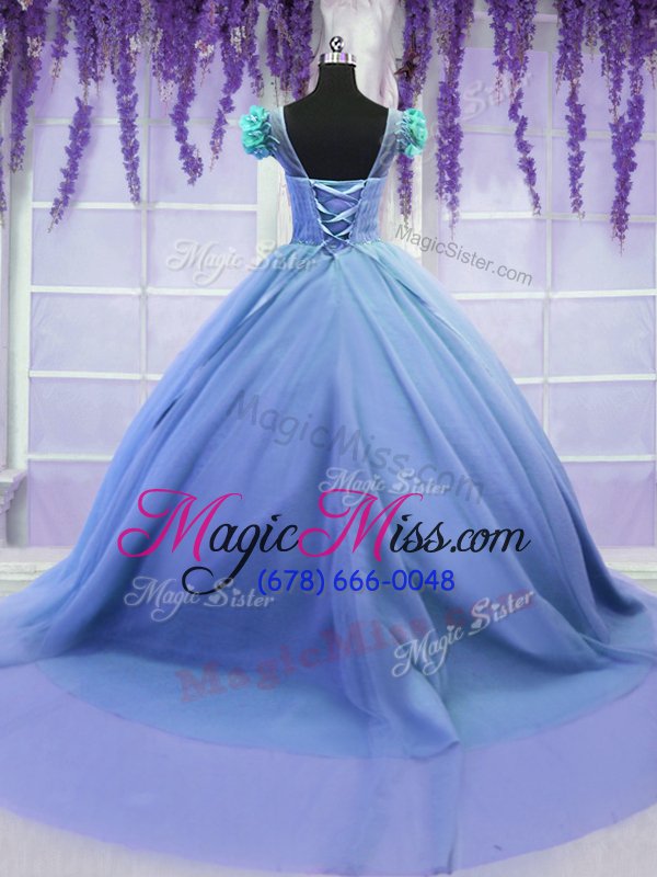 wholesale glamorous scoop purple tulle lace up 15th birthday dress short sleeves court train hand made flower