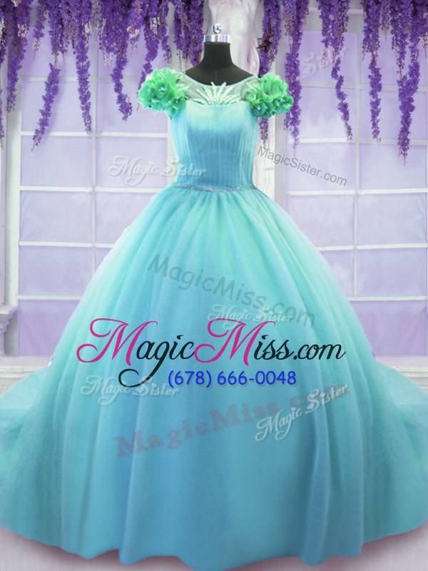 wholesale sexy scoop short sleeves court train lace up quince ball gowns blue tulle