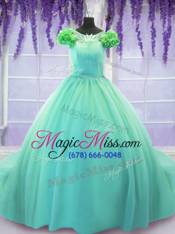 wholesale elegant scoop turquoise lace up sweet 16 dress hand made flower short sleeves court train