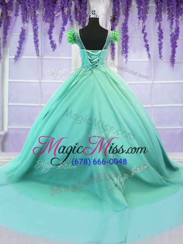 wholesale elegant scoop turquoise lace up sweet 16 dress hand made flower short sleeves court train