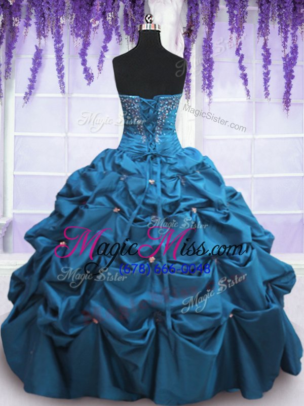 wholesale custom design teal lace up sweet 16 quinceanera dress beading and appliques and pick ups sleeveless floor length