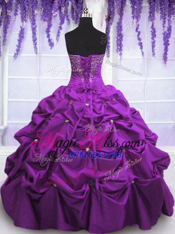 wholesale wonderful taffeta sweetheart sleeveless lace up appliques and pick ups quince ball gowns in purple