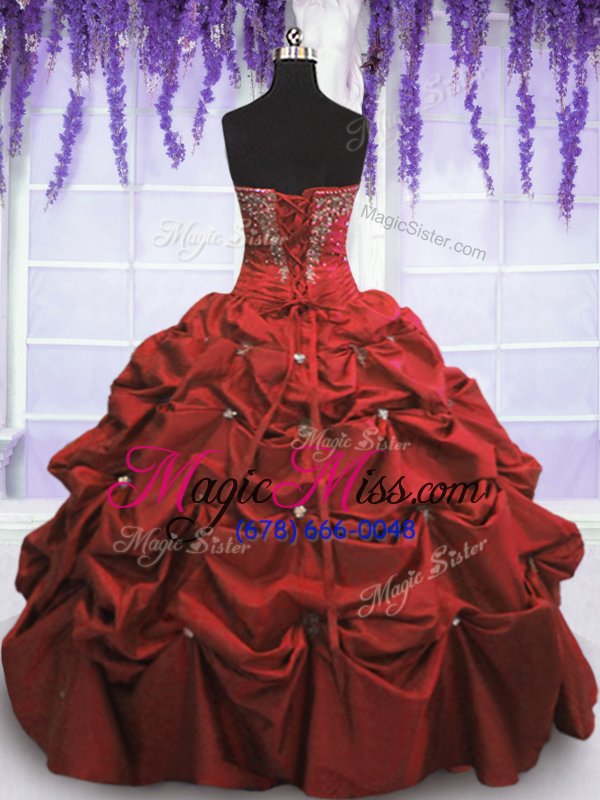 wholesale flare floor length coral red quinceanera gown taffeta sleeveless beading and pick ups