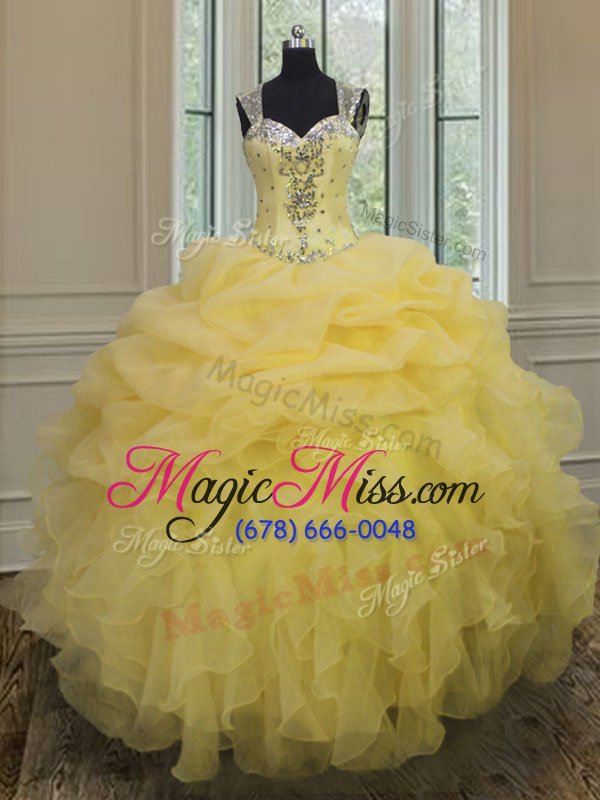 wholesale top selling light yellow ball gowns straps sleeveless organza floor length zipper beading and ruffles 15 quinceanera dress