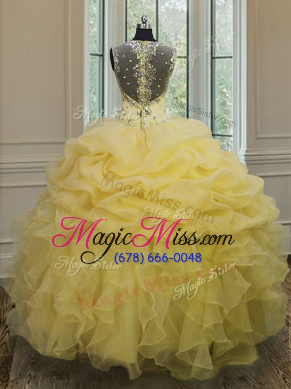 wholesale top selling light yellow ball gowns straps sleeveless organza floor length zipper beading and ruffles 15 quinceanera dress