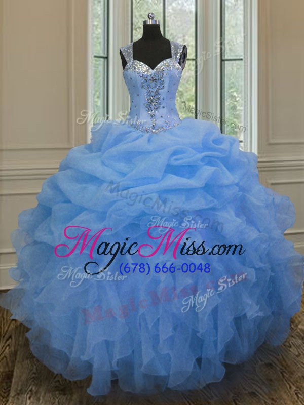 wholesale fancy blue straps neckline beading and ruffles quinceanera gowns sleeveless zipper