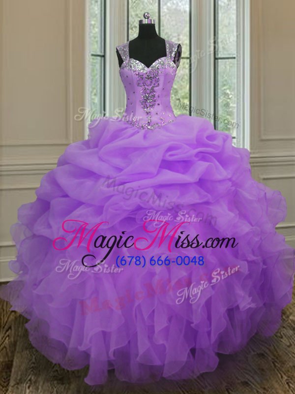 wholesale beauteous ball gowns quince ball gowns lavender straps organza sleeveless floor length zipper
